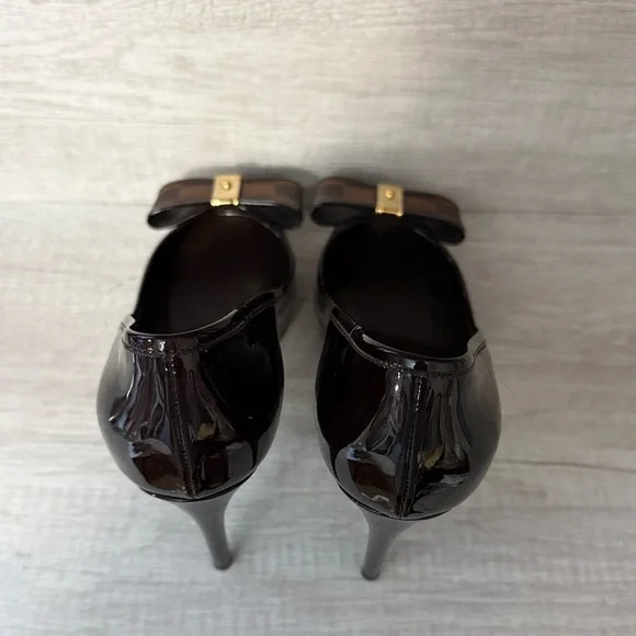 Louis Vuitton Valentine Damier Ebene Brown Patent Leather Peep-Toe Heels 38.5 - Picture 5 of 15